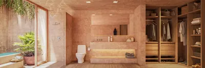 Bathroom with garden views and natural materials at Aldea Kalan Wabi-Sabi residence in Bacalar