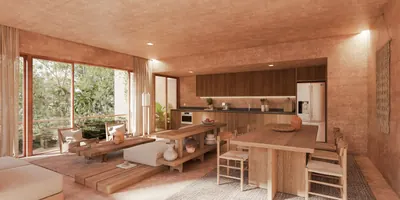 Open-concept living and dining area with wood finishes and jungle views at Aldea Kalan in Bacalar