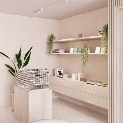 Modern bathroom with double vanity, open shelving, and natural wood accents at Atzaro Residences, Playa del Carmen