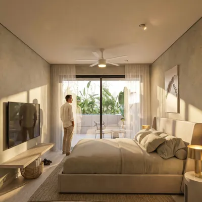 Bedroom with balcony view at Atzaro Residences, Playa del Carmen