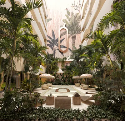Jungle courtyard with mural at Atzaro Residences, Playa del Carmen