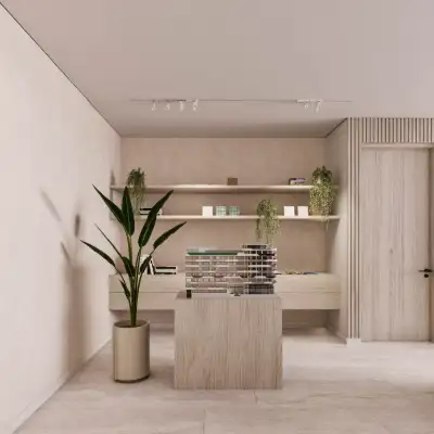 Kitchen island with open shelving, potted plants, and minimalist white cabinetry at Atzaro Residences, Playa del Carmen