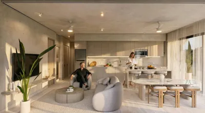 Living, dining and kitchen area at Atzaro Residences, Playa del Carmen