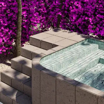 Rooftop stone plunge pool with steps and lush greenery in a private terrace setting at Atzaro Residences, Playa del Carmen