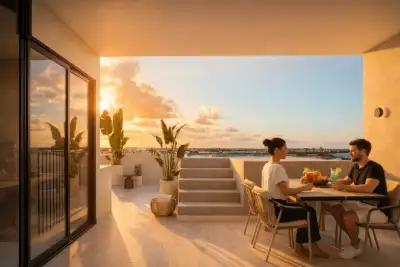 Rooftop pool terrace at sunset with a dining area, outdoor kitchen, and panoramic views at Atzaro Residences, Playa del Carmen