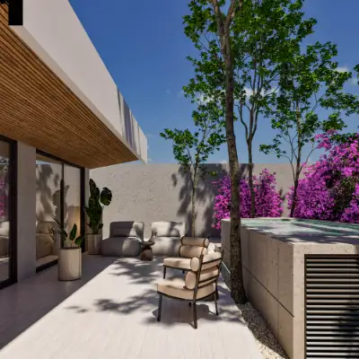 Rooftop terrace with a private jacuzzi surrounded by vibrant purple bougainvillea and modern outdoor seating at Atzaro Residences, Playa del Carmen