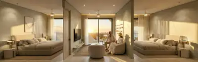 Split-view rendering showing two connected bedrooms with consistent neutral interior design at Atzaro Residences, Playa del Carmen