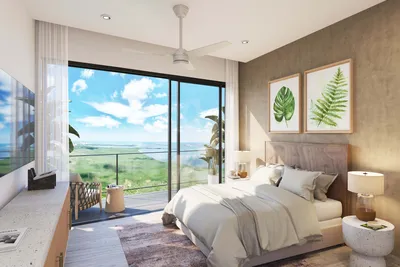 Bedroom with balcony and golf view at Aurora Towers, Cancun