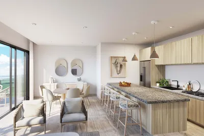 Living and kitchen in modern style at Aurora Towers, Cancun