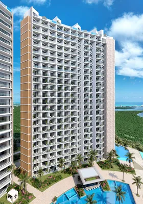 Tower facade with pool at Aurora Towers, Cancun