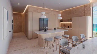 Kitchen with island and dining area with ocean view at BAO Puerto Morelos