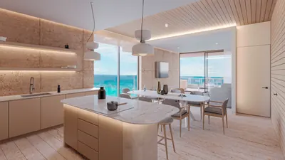 Kitchen with wood island and ocean view at BAO Puerto Morelos