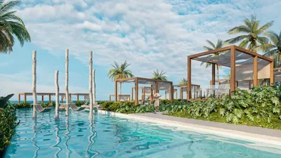 Pool with ocean view, pergola and palm trees at BAO Puerto Morelos