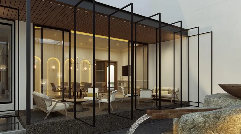 Gimnasio con equipos de fitness y paredes de vidrio en centro wellness interior-exterior BLAS en Puerto Cancún