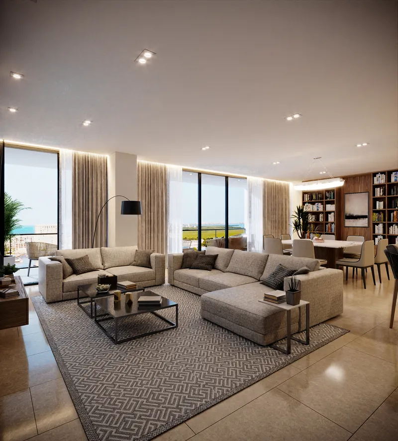 Área de sala y comedor de concepto abierto con materiales naturales en residencia wellness BLAS