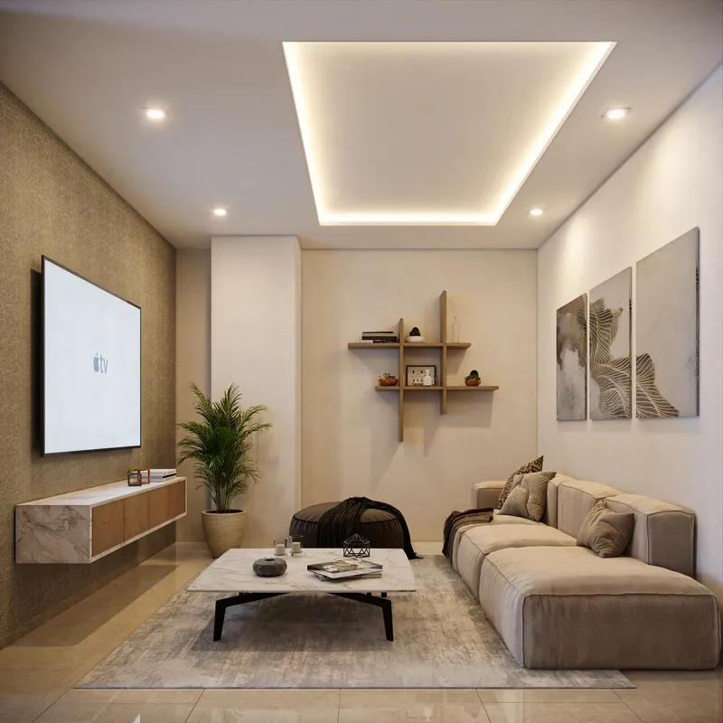Sala con TV y sofá en distribución contemporánea en residencia wellness BLAS en Puerto Cancún