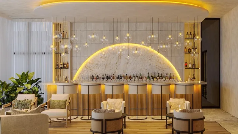Recepción de lobby con arquitectura abovedada y diseño biofílico en torre wellness BLAS en Puerto Cancún