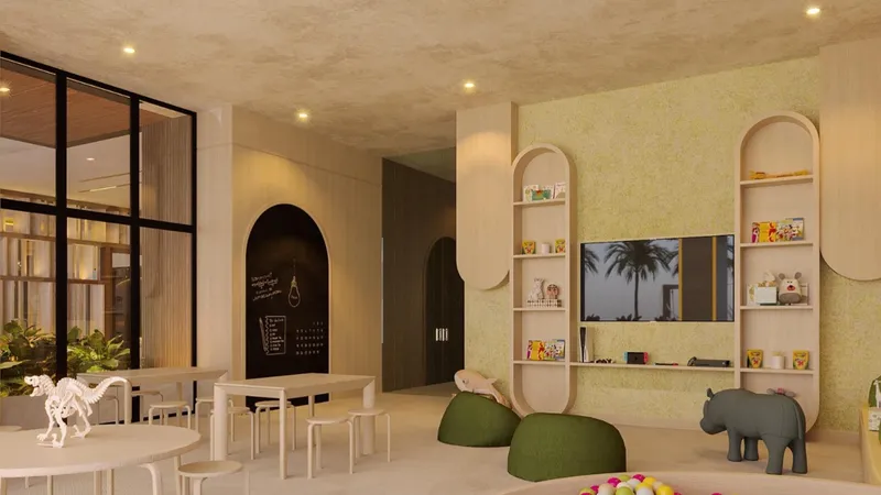 Lounge con puerta abovedada y diseño sensorial por Filipao Nunes en residencia BLAS