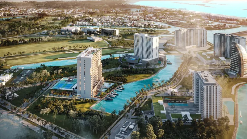 Vista aérea del plan maestro de BLAS con marina y frente al canal en Puerto Cancún