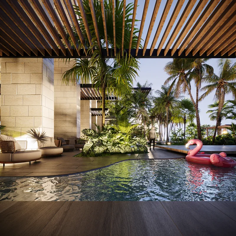 Deck de alberca con pérgola y palmeras en exterior de condominio de lujo BLAS en Puerto Cancún