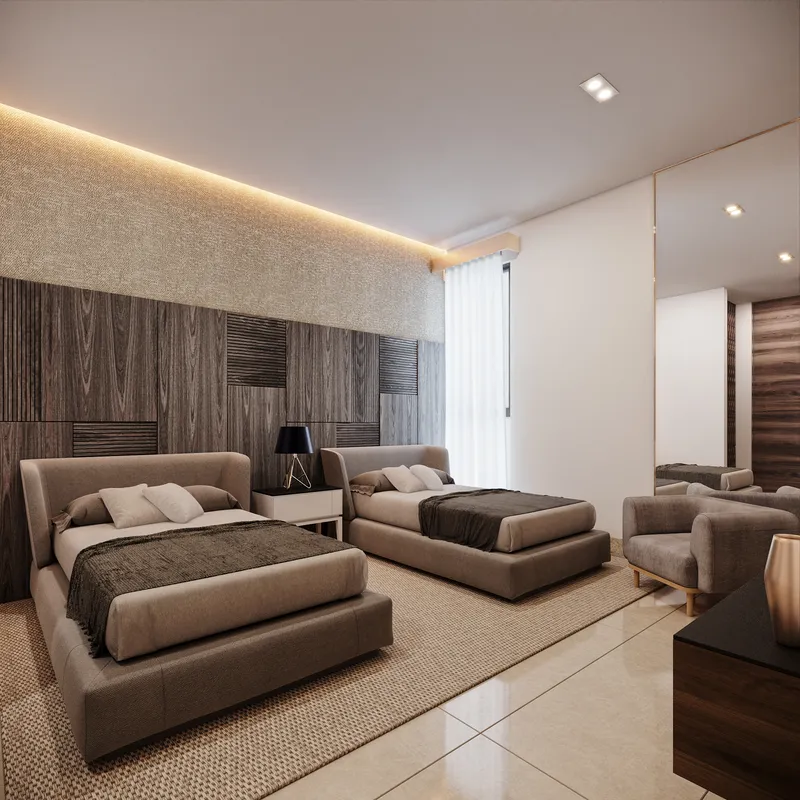 Recámara doble con tonos neutros y diseño contemporáneo en residencia de lujo wellness BLAS en Puerto Cancún