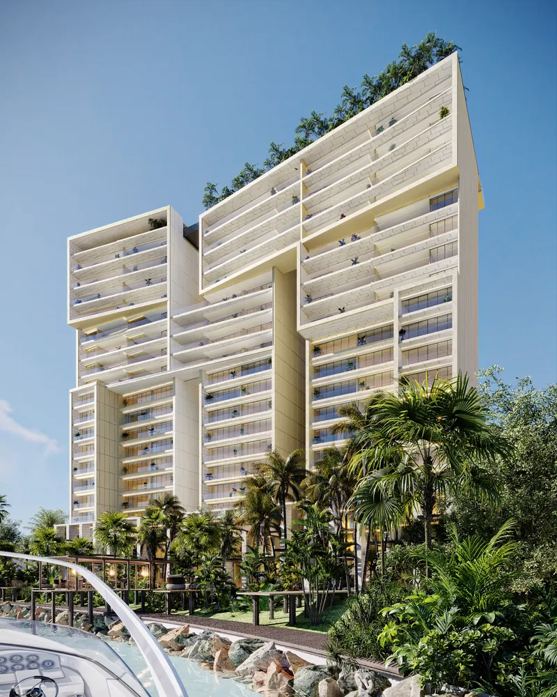 Fachada de torres gemelas con silueta moderna en residencial BLAS de 20 pisos en Puerto Cancún