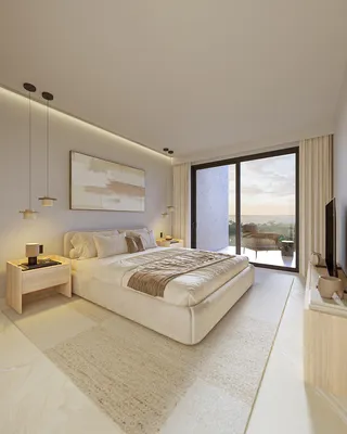 Recámara con cama blanca y balcón en Distrito Xcalacoco, Playa del Carmen