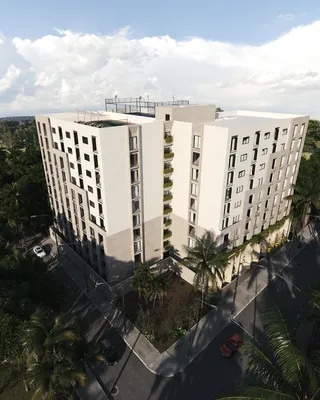 Fachada de torre blanca en Gobernador 28, Playa del Carmen