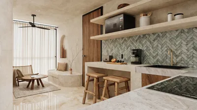 Cocina con repisas de azulejo verde en Maia, Playa del Carmen