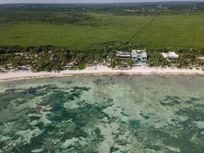 Aerial view of coral reef meeting the shoreline with crystal-clear water in the Riviera Maya