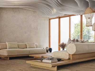 Living room with curved ceiling and organic architectural lines at Maranta Tulum jungle condominium