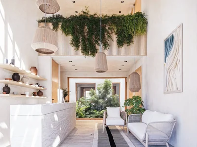 Lobby reception at Maranta Tulum with hanging plants and contemporary natural design