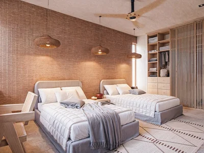 Twin bedroom with wood accent details and contemporary design at Maranta Tulum residence
