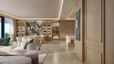 Living room with sofa in neutral tones at Marietta Residencias, Isla Mujeres