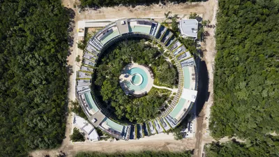 Aerial overhead view of circular masterplan at Mistiq Temple, Tulum