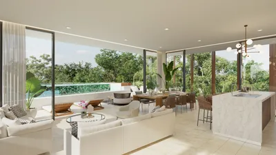 Living room with glass walls and jungle view at Mistiq Temple, Tulum