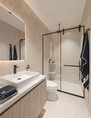 Bathroom with double vanity and glass shower at Nautica Residences, Cancun