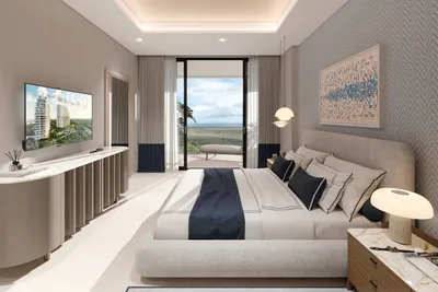 Bedroom with ocean view in neutral tones at Nautica Residences, Cancun