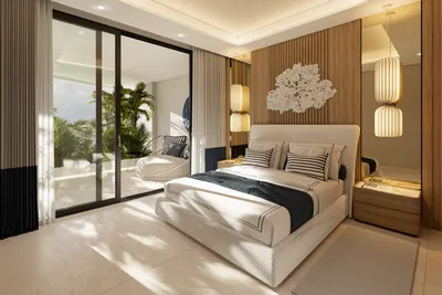 Bedroom with wood accent wall at Nautica Residences, Cancun