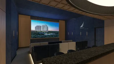 Media room and cinema with blue accents at Nautica Residences, Cancun