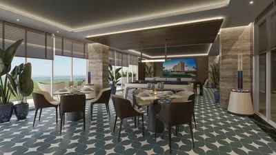 Restaurant with checkered floor and ocean view at Nautica Residences, Cancun