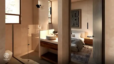 Bathroom with vanity and bedroom view at Olamar Sur, Holbox