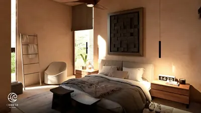 Bedroom with artwork and warm lighting at Olamar Sur, Holbox