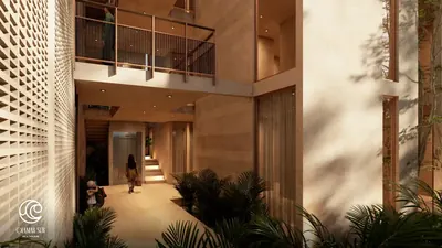 Courtyard with lattice entrance at Olamar Sur, Holbox