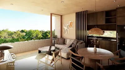 Living room with balcony overlooking jungle at Olamar Sur, Holbox