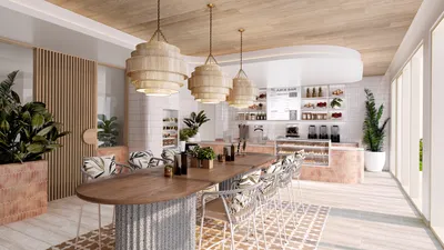 Dining area with pendant lights at One Laguna, Cancun