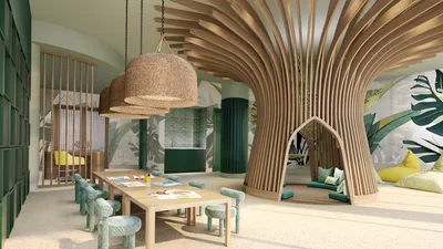 Dining area with wood canopy at One Laguna, Cancun