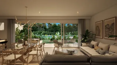 Sala con vista al jardín en Puerto Aqua, Puerto Aventuras