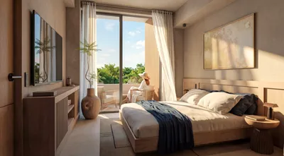 Recámara con balcón con vista al jardín en Punta Laguna, Playa del Carmen