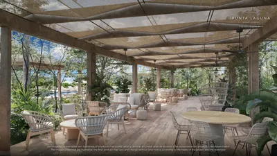 Pabellón de comedor con vigas de madera en Punta Laguna, Playa del Carmen